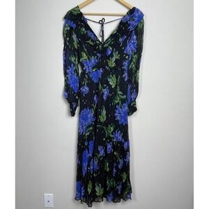 Anthropologie XS Boho Prairie Maxi Dress Black Blue Floral V-Neck Fairy Coquette